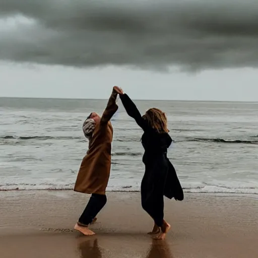 Image similar to zoom in photo of a man and woman, both wearing light brown trenchcoats, dancing together on a beach during cloudy weather, it ’ s night time