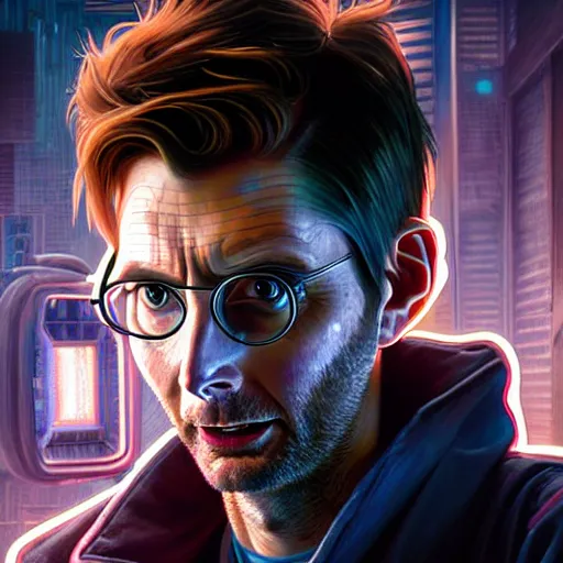 Image similar to portrait painting of a cyberpunk mechanic david tennant, ultra realistic, concept art, intricate details, eerie, highly detailed, photorealistic, octane render, 8 k, unreal engine. art by artgerm and greg rutkowski and charlie bowater and magali villeneuve and alphonse mucha