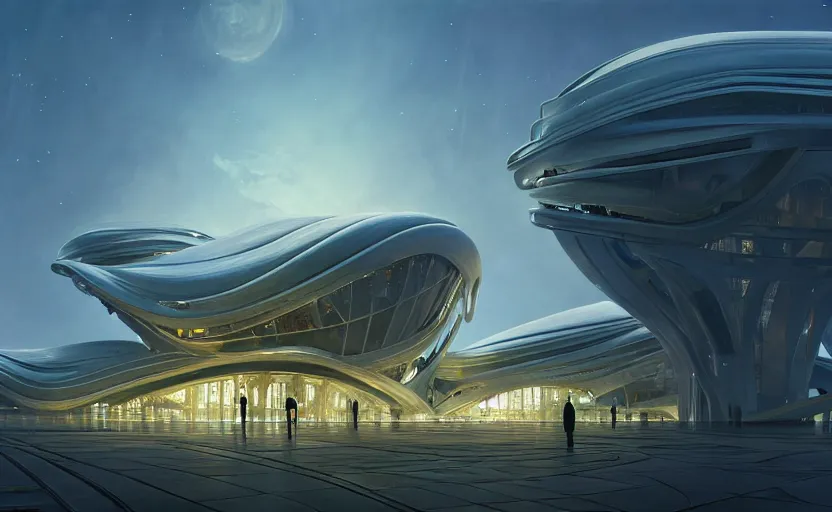 Image similar to exterior shot of utopian architecture transparent building with cinematic lighting by zaha hadid and renzo piano, darek zabrocki and greg ruthkowski, alphonse mucha, simon stalenhag, cinematic, stars, beautiful, holy place, paradise, scifi, futurism, atmospheric, concept art, artstation, trending on artstation