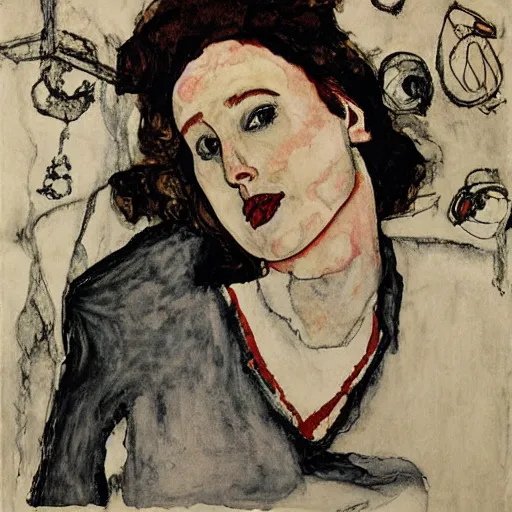 Image similar to Julie Delpy in a free jazz band, portrait, by Egon Schiele