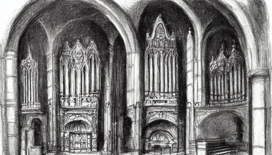 Prompt: pipe organ in a sunken cathedral, 1 9 th century charcoal and pencil drawing, high detail, high contrast