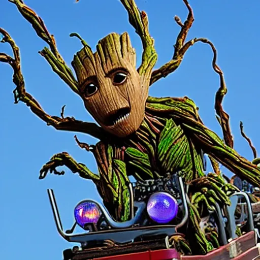 Prompt: groot on a roller coaster