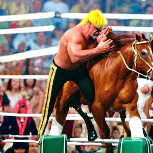 Prompt: hulk hogan wrestling a horse at wrestlemania