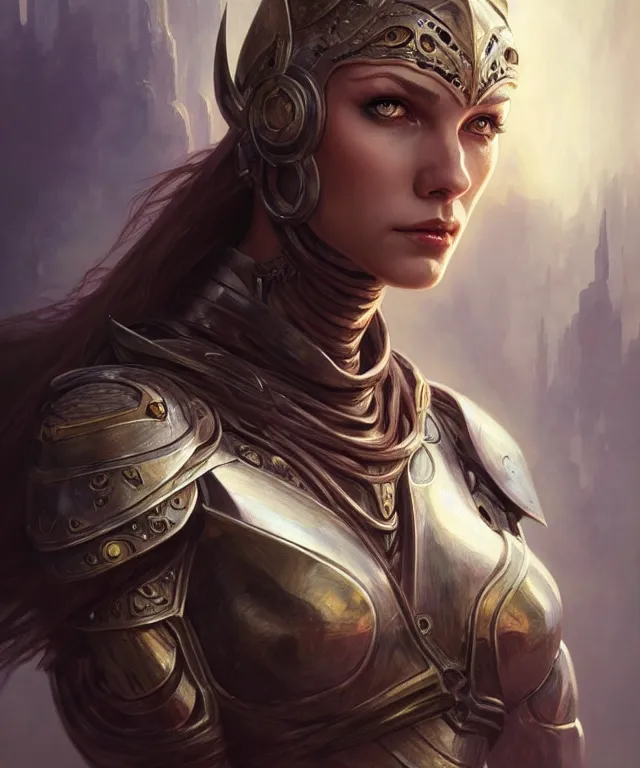 Image similar to Muscular and powerful medieval knight woman portrait, sci-fi, amber eyes, face, long hair, fantasy, intricate, elegant, highly detailed, digital painting, artstation, concept art, smooth, sharp focus, illustration, art by artgerm and greg rutkowski and alphonse mucha