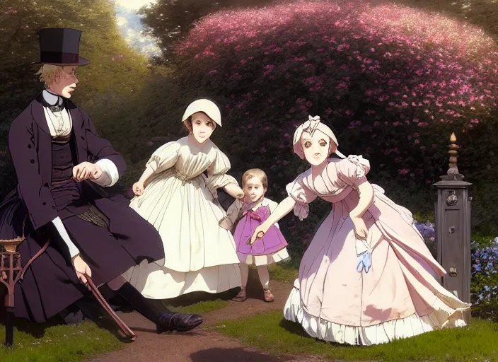 Prompt: victorian britain, william and fanny nightingale playing with young florence nightingale in the garden, english victorian manor and garden, vibrant bedding plant displays in island beds centrally placed in lawns, late summer light, finely detailed perfect art, gapmoe yandere grimdark, trending on pixiv fanbox, painted by greg rutkowski makoto shinkai takashi takeuchi studio ghibli