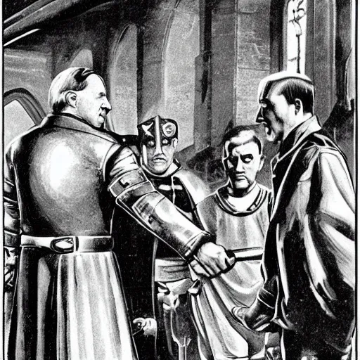 Image similar to hitler knighting the terminator in a church