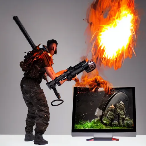 Image similar to angry man in juggernaut armor burning a desktop tower pc with a military flamethrower