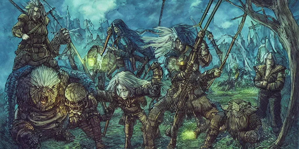 Image similar to the witcher fighting bioluminescent monsters in a ghibli cartoon, by larry elmore and brian froud,