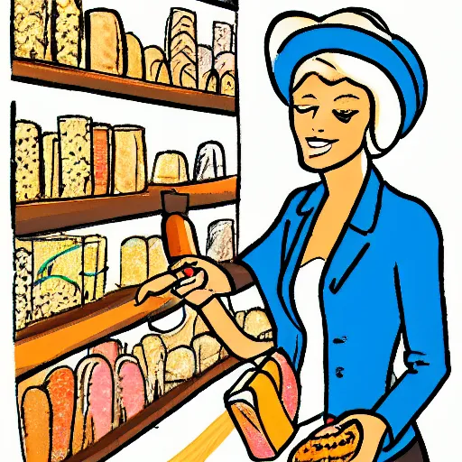 Image similar to drawing of a rich blonde woman buying bread in a supermarket