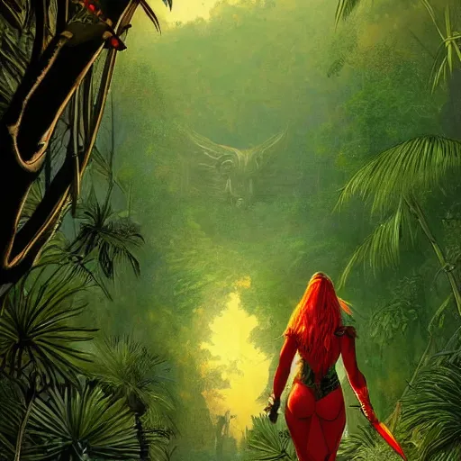 Image similar to warrior princess with red armor walking through a jungle, moebius, Jean Giraud, landscape, epic, artstation, dusk