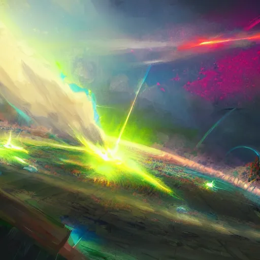 Prompt: Concept art for the earth exploding. Trending on art station, bright colors, lens flare.