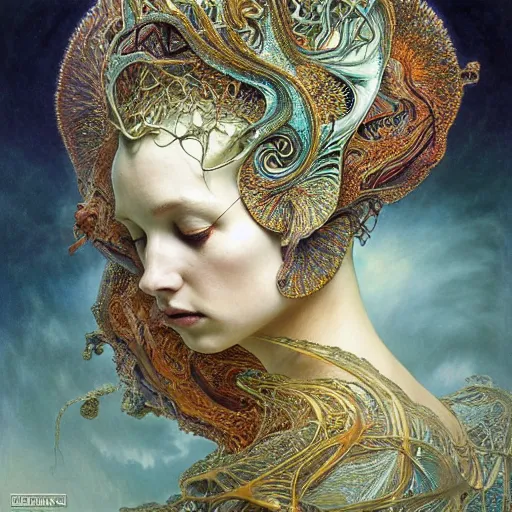 Prompt: queen of jupiter by iris van herpen, alphonse mucha, zdzisław beksinski, raymond swanland. highly detailed!, hyper - real, beautiful!