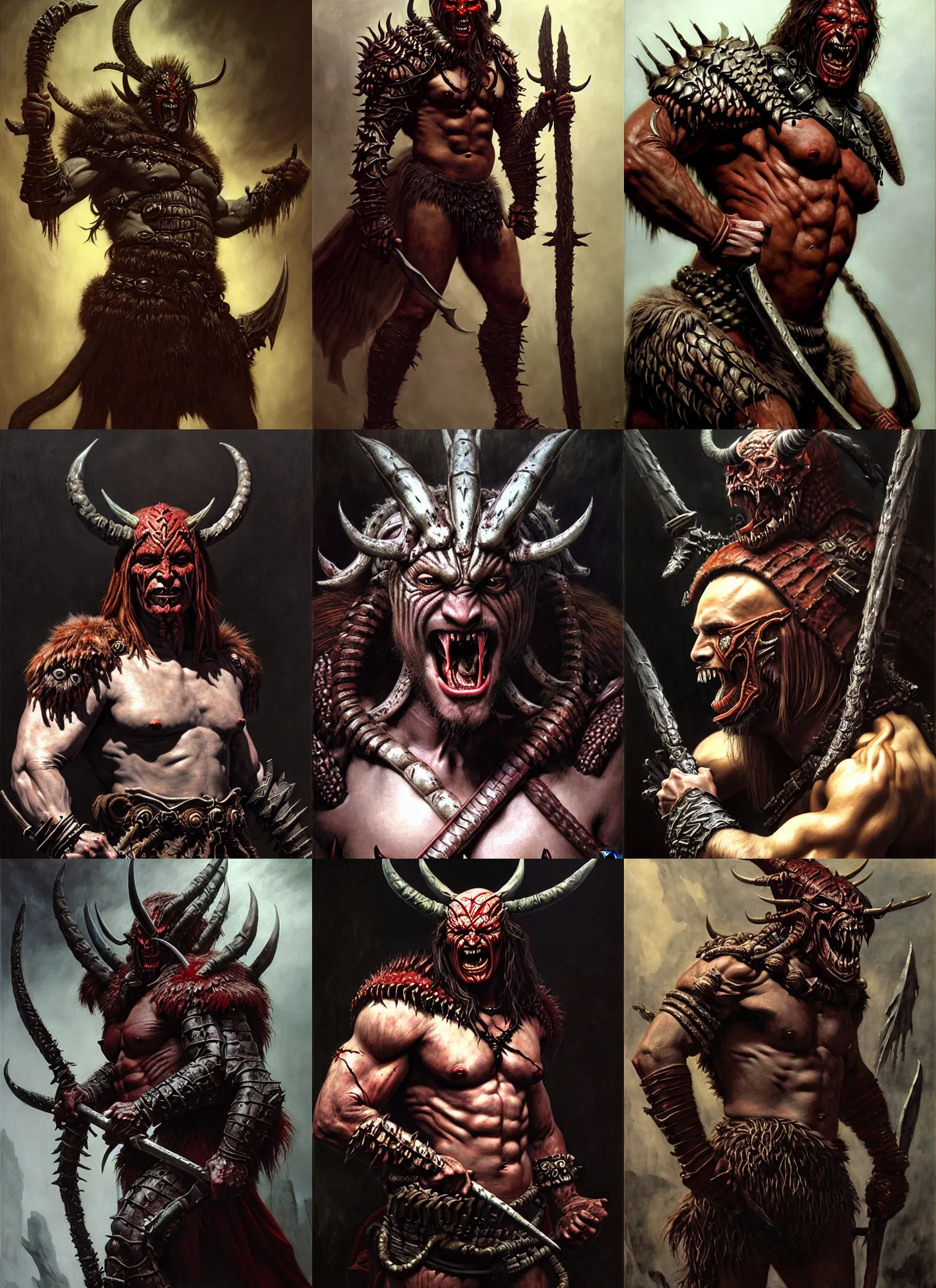 Prompt: barbarian devil man creature, intricate skin pattern texture, savage, full body, wearing armor, hyper realistic, extremely detailed, dnd character art portrait, dark fantasy art, intricate fantasy painting, dramatic lighting, vivid colors, deviant art, artstation, by edgar maxence and caravaggio and michael whelan and delacroix.