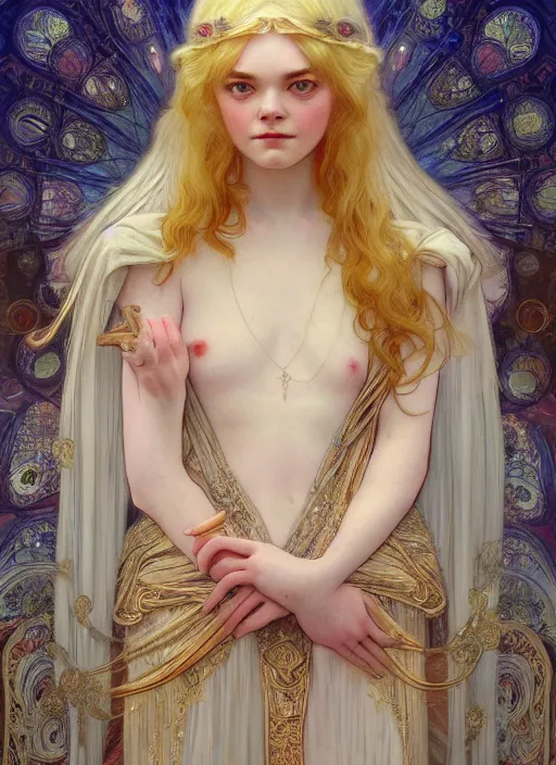 Image similar to Elle Fanning as God of Beauty, cute, fantasy, intricate, elegant, highly detailed, digital painting, 4k, HDR, concept art, smooth, sharp focus, illustration, art by alphonse mucha,artgerm, H R Giger