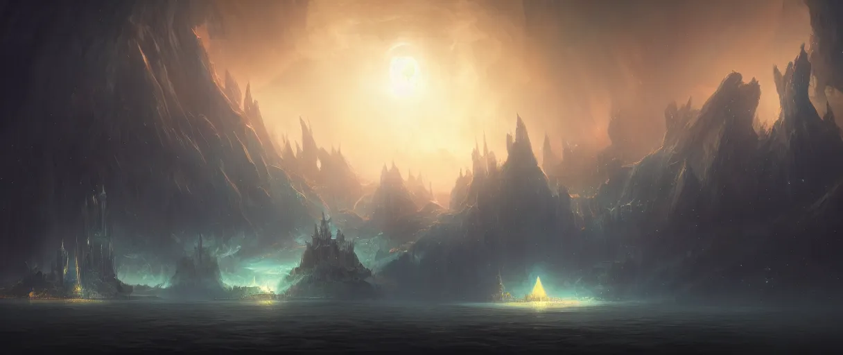 Image similar to digital painting of a floating islands in space, style of demons souls, concept art, high angle, high detail, warm lighting, dark, vivid, beautiful, trending on artstation, by Jordan grimmer, no focus, huge scene, terrain visible