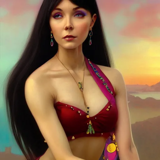 Image similar to wide angle full body portrait of I Dream of Jeannie, with a perfect face and perfect body, thin waist, pierced navel, intricate, single face, psychedelic, highly detailed, digital painting, artstation, concept art, smooth, sharp focus, illustration, Unreal Engine 5, 8K, art by artgerm and greg rutkowski and alphonse mucha