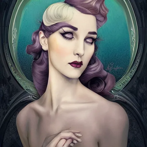 Prompt: an art nouveau, ( streamline moderne ) portrait in the style of anna dittmann and charlie bowater and charles dulac. very large, clear, expressive, and intelligent eyes. symmetrical, centered, ultrasharp focus, dramatic lighting, photorealistic digital matte painting, intricate ultra detailed background.