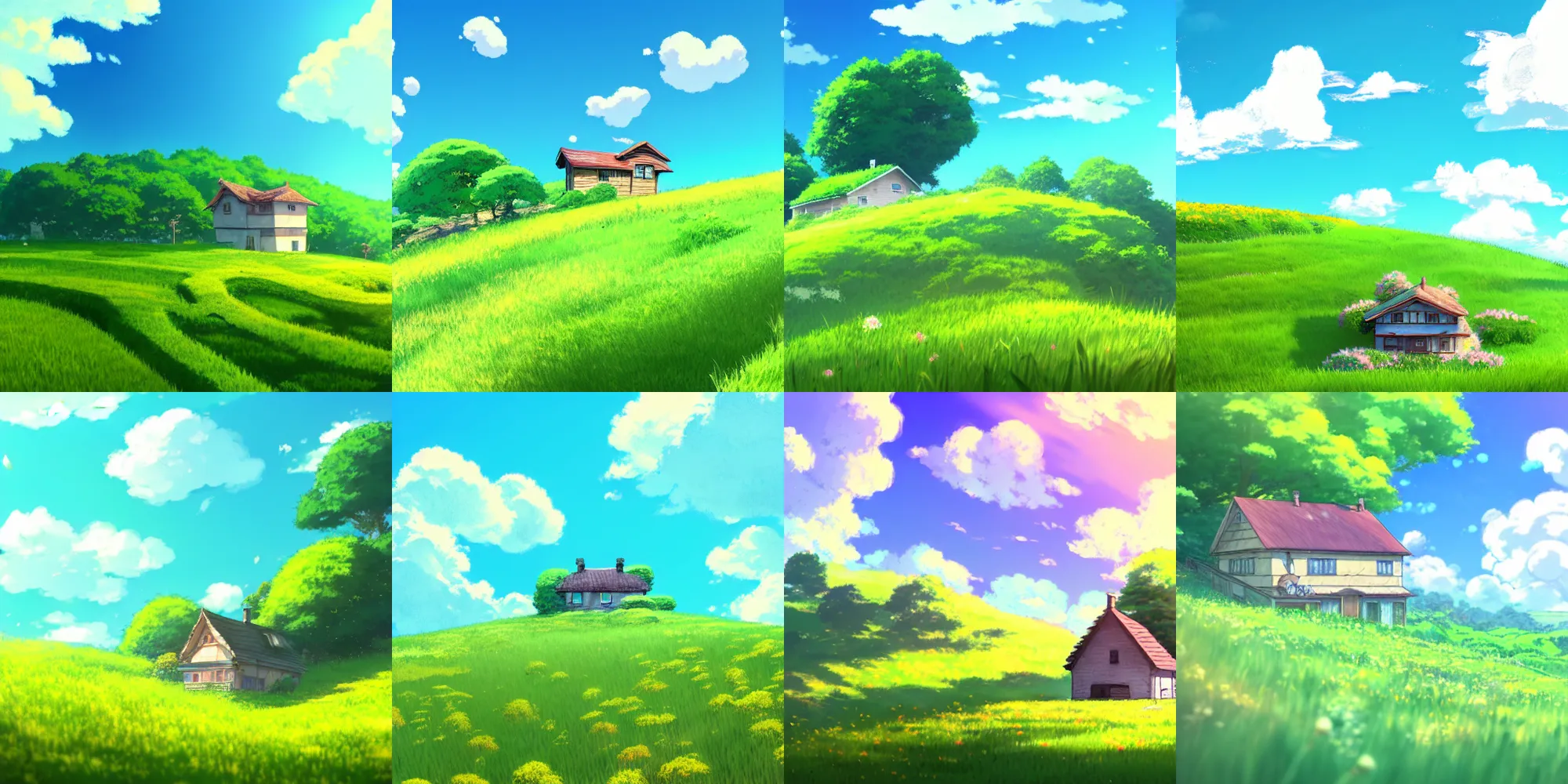 Prompt: extreme long shot of a small house sitting on top of a green hill with a flower field in the distance, bright blue sky, fluffy clouds, pixiv, studio ghibli, makoto shinkai, illustration, beautiful lighting, hdr, artstation