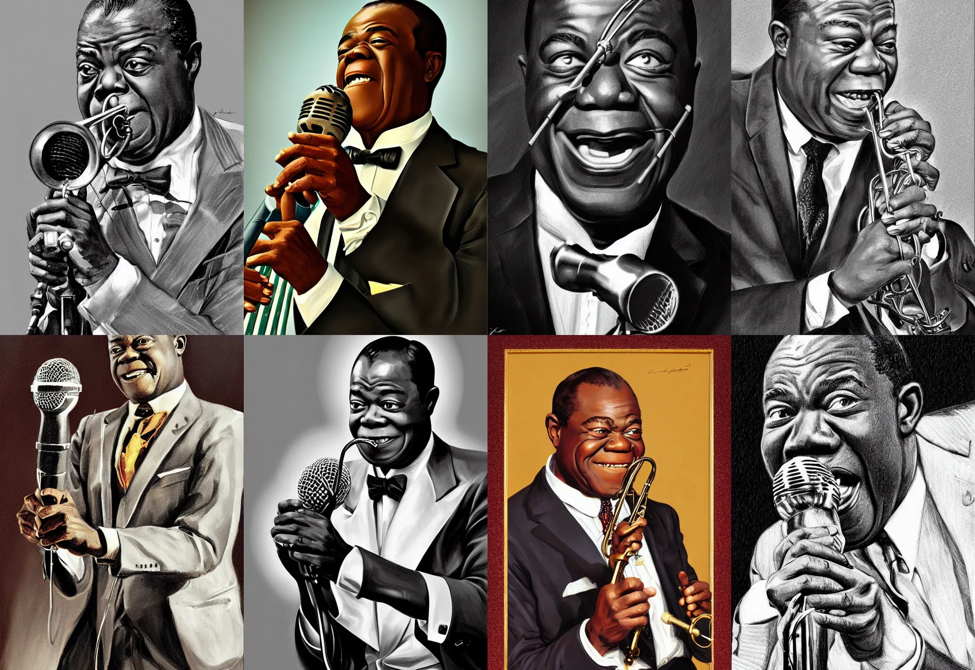 Prompt: a portrait of louis armstrong holding a microphone, by joseph christian leyendecker, dramatic lighting, highly detailed digital painting