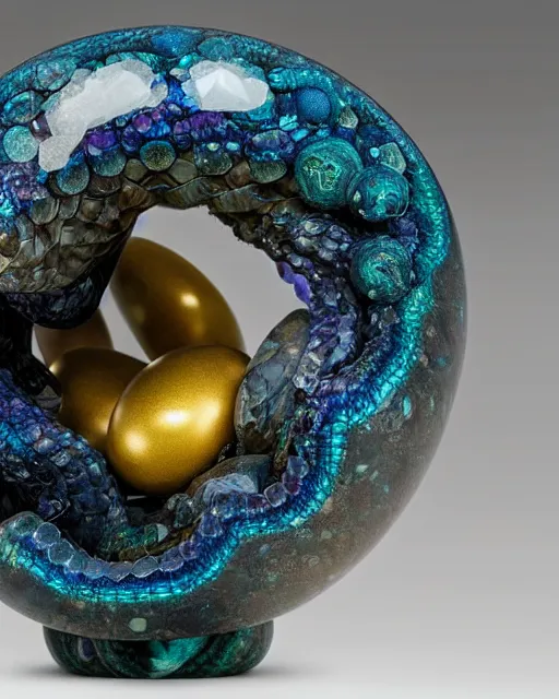 Image similar to a photo of a sculpture of a snake made from blue and emerald and amethyst crystal geode formations encircling a marble egg on a base of obsidian made with liquid gold tendrils flowing by ellen jewett by stanisław szukalski, octane render, recursive, tendrils, elestial crystals, geode, refracted light