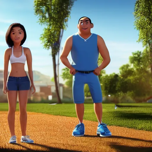 Image similar to young beautiful athletic Filipino woman with long hair standing beside a handsome caucasian athletic thin man with very short buzzed hair, balding, stubble on his face, blue eyes, depicted as adult Pixar characters, high quality cg render