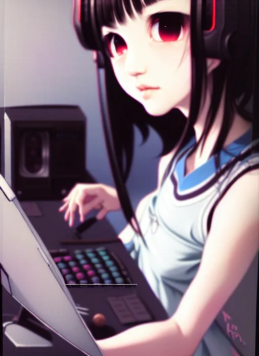 Image similar to a film still polaroid portrait of a young gamersgirl at her computer, detailed features, perfect art, busy room, hd, gapmoe yandere, trending on pixiv, focussed painted art, by wlop, ilya kuvshinov, artgerm, krenz cushart, pixiv