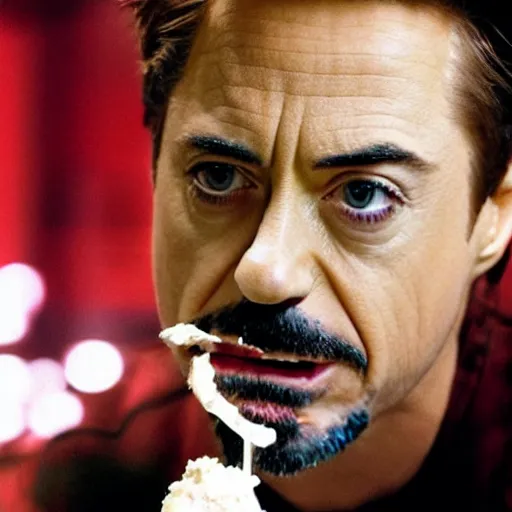 Image similar to a full portrait photo of robert downey jr eating ice cream in movie iron man, f / 2 2, 3 5 mm, 2 7 0 0 k, lighting, perfect faces, award winning photography.