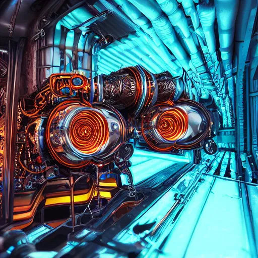 Image similar to album art, album is called tripmachine, photo of a huge futuristic dieselpunk engine inside a machinery, 8 k, fluorescent colors, halluzinogenic, multicolored, exaggerated detailed, front shot, 3 d render, octane