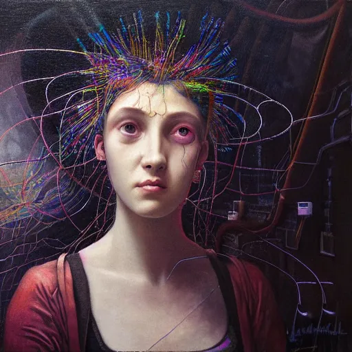 Prompt: painting of a close - up on the face of a cyberpunk girl, into a trance, connected by cables in her head, in the style of agostino arrivabene, renaissance, dark, surrealism, low contrast