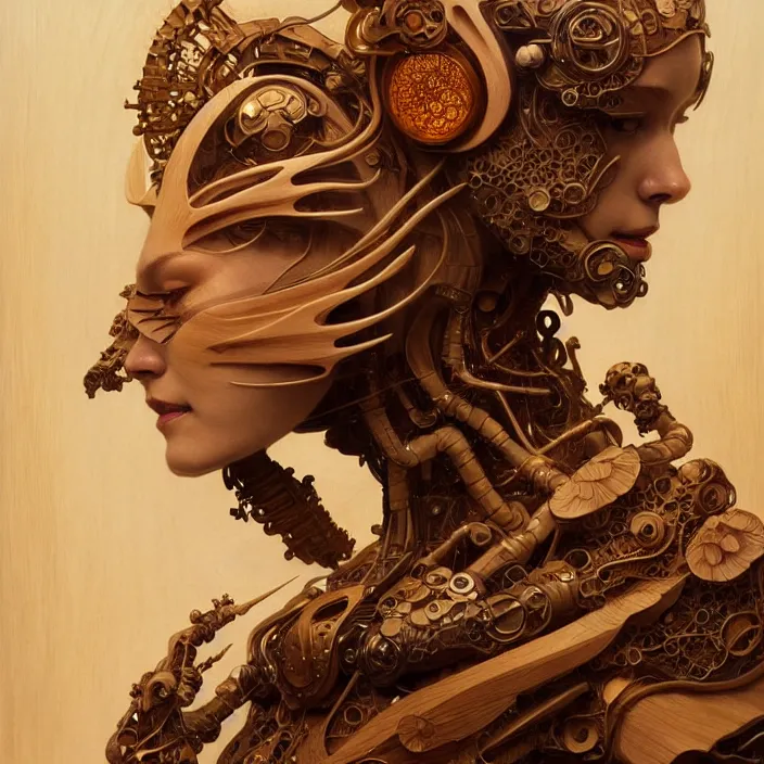 Prompt: organic cyborg, japanese wood carving, diffuse lighting, fantasy, intricate, elegant, highly detailed, lifelike, photorealistic, digital painting, artstation, illustration, concept art, smooth, sharp focus, art by John Collier and Albert Aublet and Krenz Cushart and Artem Demura and Alphonse Mucha