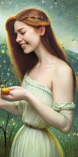 Image similar to young woman, smiling amazed, surrounded by firefly lights, full covering intricate detailed dress, amidst nature, long red hair, precise linework, accurate green eyes, small nose with freckles, beautiful smooth oval shape face, empathic, expressive emotions, dramatic lights, hyper realistic ultrafine art by artemisia gentileschi, jessica rossier, boris vallejo