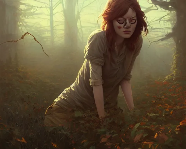 Image similar to highly detailed portrait of emma stone, in the walking dead, stephen bliss, unreal engine, fantasy art by greg rutkowski, loish, rhads, ferdinand knab, makoto shinkai and lois van baarle, ilya kuvshinov, rossdraws, tom bagshaw, global illumination, radiant light, detailed and intricate environment