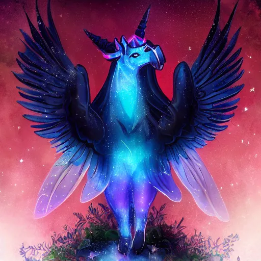 Image similar to black unicorn with glowing blue eyes and big eagle wings standing on its hind legs, magical, sparkles, soft glow, fantasy, ethereal, nighttime forest, trending on artstation