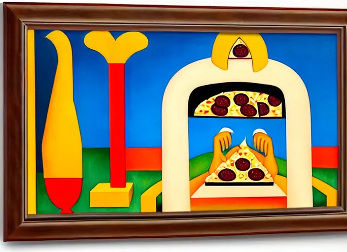 Prompt: a temple to pizza by Tarsila do Amaral