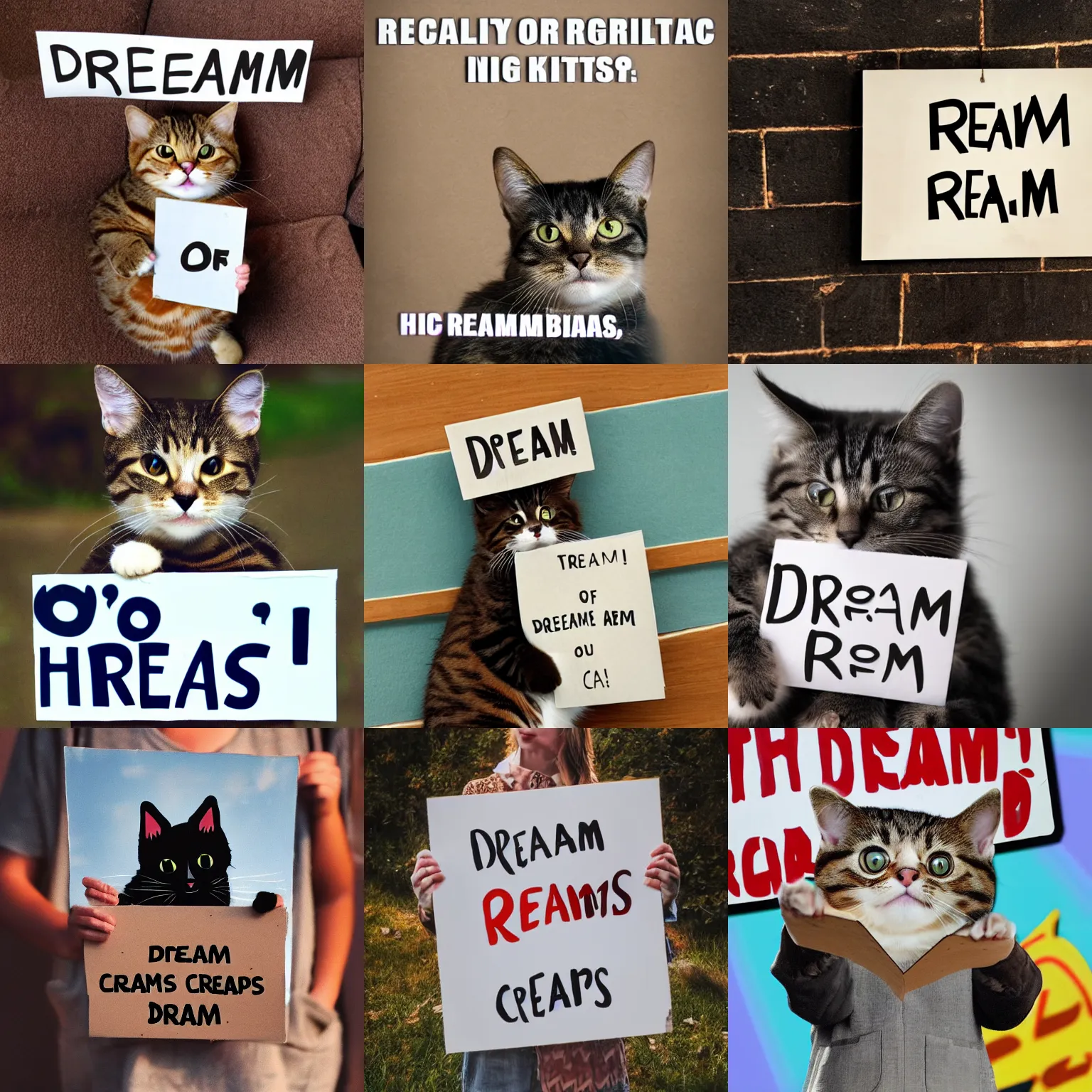 Image similar to realistic high quality photo of a cute cat holding a sign with text that reads : dream cats