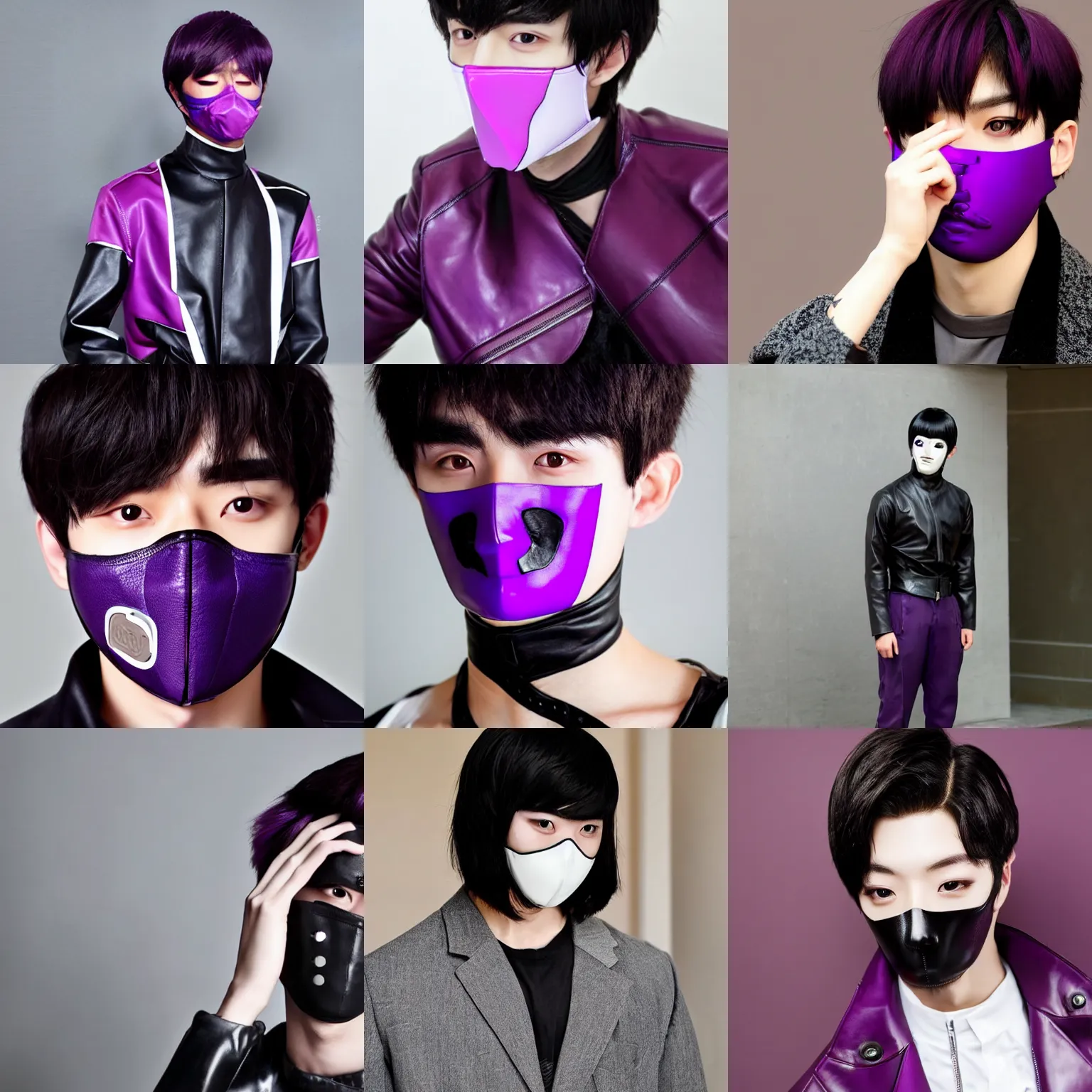 Prompt: male ulzzang with purple porcelain mask, black leather garment