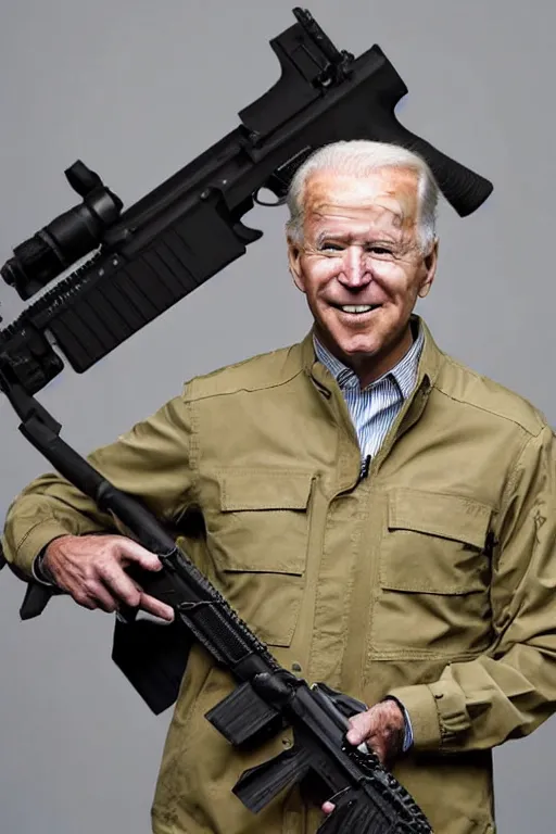 Prompt: Joe Biden with two assault rifles in each hand, AP photography, full body portrait