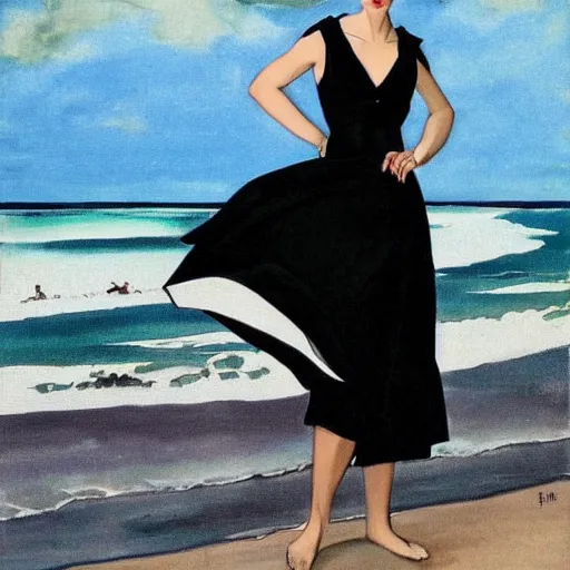 Prompt: woman in black dress in the middle of the beach, fashion art, leyendecker style