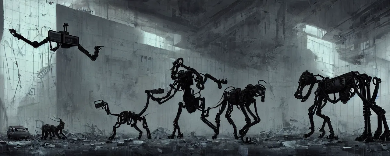 Prompt: duotone noir concept illustration boston dynamics robots fighting with bureaucrats in suits in the ruined offices, octane render, concept hideo kojima surreal atmosphere, abandoned buildings volumentric lighting. cosmic horror. accidental renaissance. by sachin teng and sergey kolesov and ruan jia and heng z. graffiti art, scifi, fantasy, hyper detailed. trending on artstation