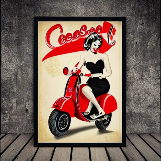 Image similar to vespa scooter, pinup girl, retro poster