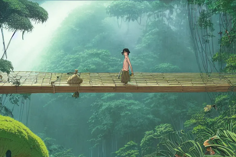 Prompt: insane perspective down view of a young indiana jones on a suspended wooden bridge entering a vast paradise jungle with a distant clearing, giant mushrooms, large white birds flying, exotic vegetation, large rocks with thick moss, banana trees, beautiful large flowers, god rays light. very graphic illustration by moebius and victo ngai, ghibli spirited away vibe, dynamic lighting, night mood