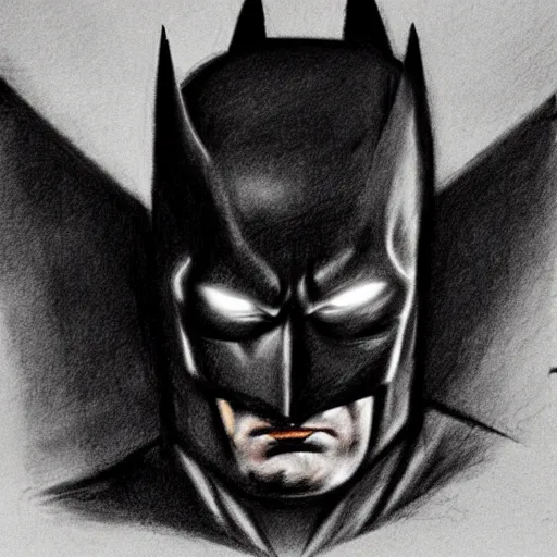 Image similar to charcoal sketch of batman with strong dramatic lighting,