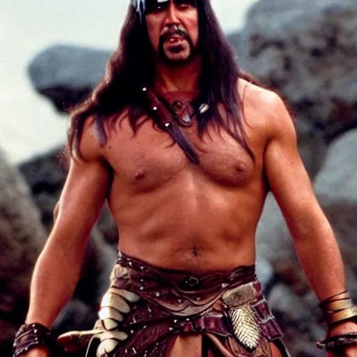 Prompt: nicholas cage as conan the barbarian, movie clip, macho