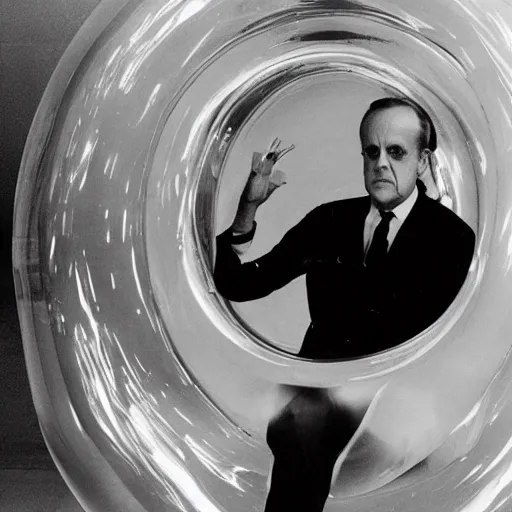 Image similar to Marshall McLuhan trapped in a huge inflatable transparent tube with chrome effect