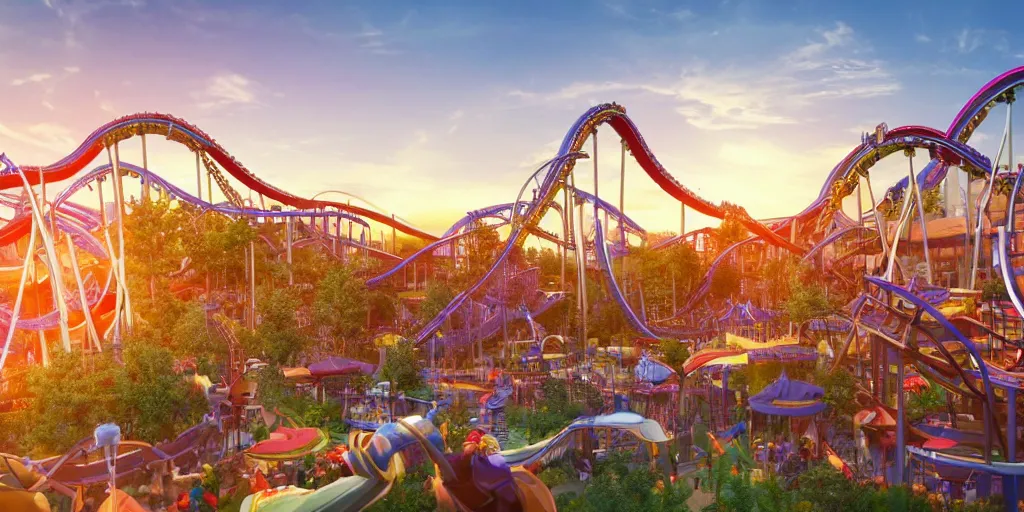 Image similar to nice view into lively theme park with many attractions, including roller coaster with 360 degree loop, sunset, volumetric lighting, beautiful, golden hour, sharp focus, highly detailed, cgsociety