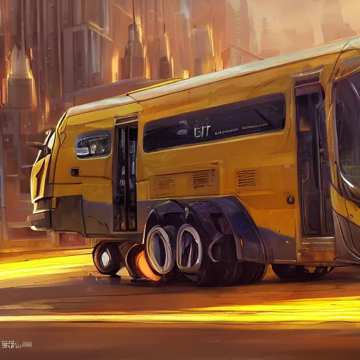 Prompt: Transformer hybrid of bus and wolf, having cabin if form of wolf head with big yellow eyes looking at us and long body of bus with wheels and windows, mechanical form of life, oil on canvas, fantasy, magic, illusion, digital painting, concept art, smooth, sharp focus, illustration, artstation trending, octane render, unreal engine, Ghibli, anime style, cyberpunk