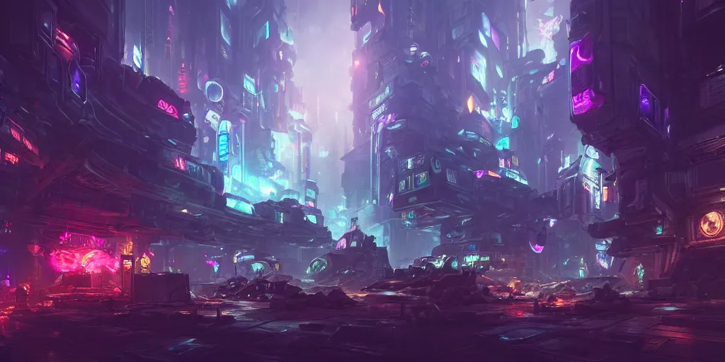 Image similar to wide angle view of piltover underground cyberpunk city, league of legends arcane, highly detailed, digital painting, artstation, concept art, octane render, by federico pelat and liam wong and jonas roscinas and damien peinoit