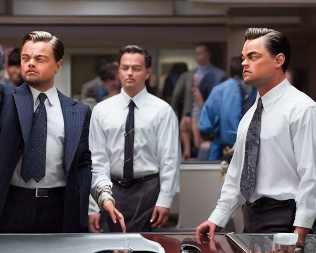 Prompt: leonardo dicaprio as the wolf of wall street standing next to margot robbie, cinamtic, long shot, hyper detailed, 8 5 mm photograph, 8 k resolution, film still, sharp lens, wide lens