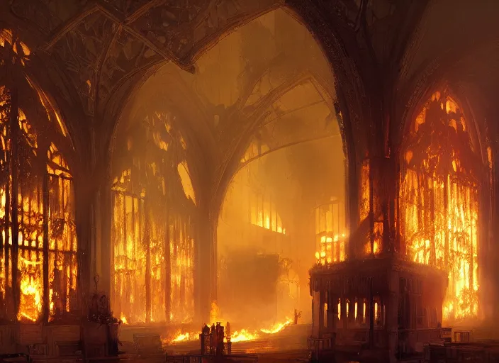 Image similar to the rich golden house burns in fire, volumetric lighting, digital painting, highly detailed, artstation, sharp focus, illustration, concept art, ruan jia, steve mccurry, amazing composition, gothic arch frame