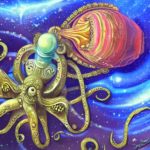 Image similar to painting of ornate space ship, nebulae background, nautilus, shell, tentacle, 4 0 k warhammer, shrimp, prawn